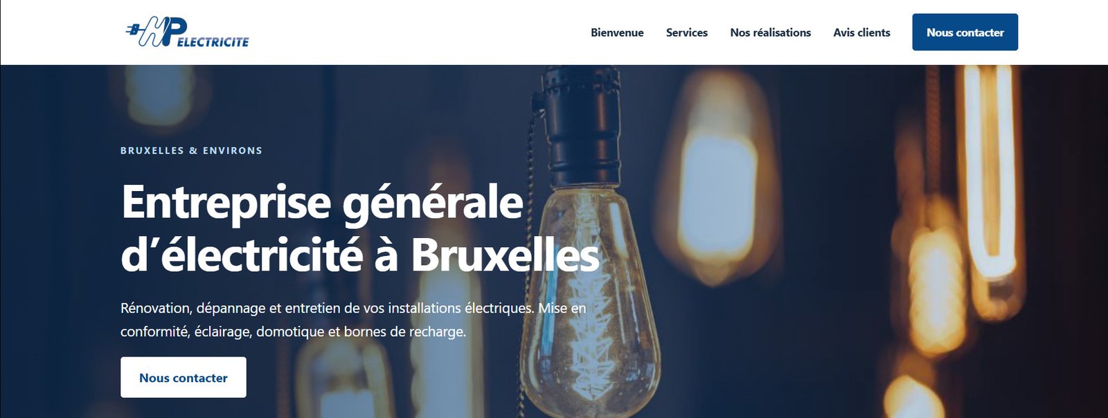 HP Électricité : mise en page moderne avec la photo des ampoules